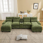 125'' U Shaped Cloud Modular Sofa with Chaise Lounges, Chenille Upholstered Comfy Sectional Couch with Storage Console, USB Charging Ports & Cup Holders, Small Deep Seat Sofa for Living Room, Green