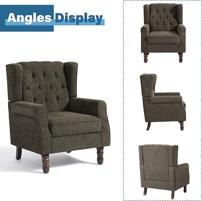 High Back Accent Chairs Set of 2, High Wingback Chair for Living Room, Button-Tufted Upholstered Fabric Armchair with Solid Wood Legs, Comfy Single Sofa Reading Chair for Bedroom, Taupe