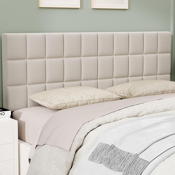 ALISH Velvet Tufted Headboard with Adjustable Height and Width, Foldable Upholstered Headboard with Metal Legs for King Size Metal and Wood Bed Frame (Beige, King)