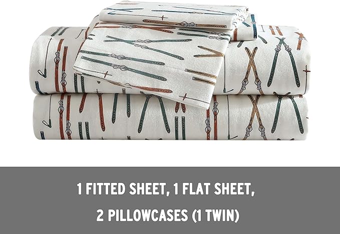 Eddie Bauer - Twin Sheets, Cotton Flannel Bedding Set, Brushed For Extra Softness, Cozy Home Decor (Ski Line White, Twin)