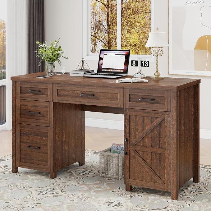 Farmhouse 61'' Executive Desk with 5 Drawers, Rustic Office Desk Computer Desk with Charging Station, File Drawers and Storage Cabinet, Wood Workstation for Study and Home Office. (Red-Brown)