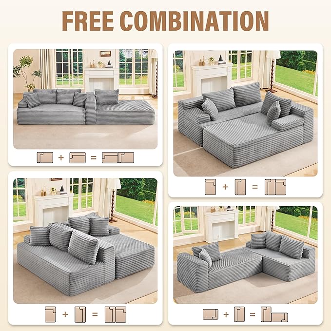 Hobestluk Modular Sectional Couch Sofa,96" Boneless Couches for Living Room, Memory Foam Sectional Couch with Oversized Chaise,L-Shape Couches (Grey, Right Facing)