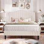 VECELO Queen Size Bed Frame Upholstered Platform Beds with Height-Adjustable Teddy Fabric Headboard, Strong Wood Slats 7.9'' Under Bed Storage Space Noise-Free No Box Spring Needed, Beige
