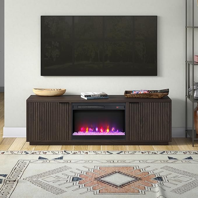 Henn&Hart Rectangular TV Stand with 26" Crystal Fireplace for TV's up to 78" in Alder Brown, for Home, Living Room, Bedroom, Entertainment Room, Office