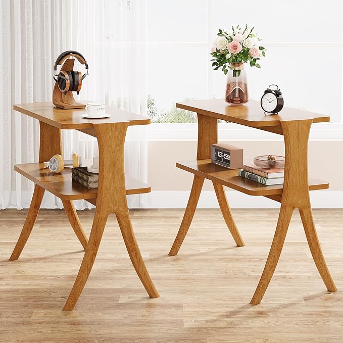 Tribesigns Narrow Side Table Set of 2, Farmhouse End Table with 2-Tier Storage Shelf and Solid Wood Legs, Slim Modern Bedside Table Nightstand for Bedroom, Living Room, Small Spaces, Brown(2)