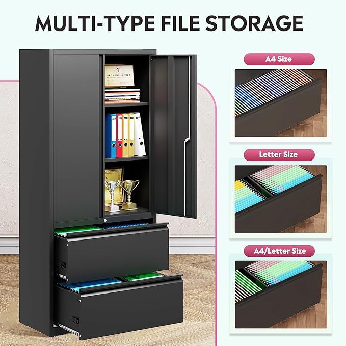 DEVAISE File Cabinet with 2 Drawers and Doors, Black Locking Metal Storage Cabinet with Adjustable Shelves for Home Office, Warehouse, Garage, School