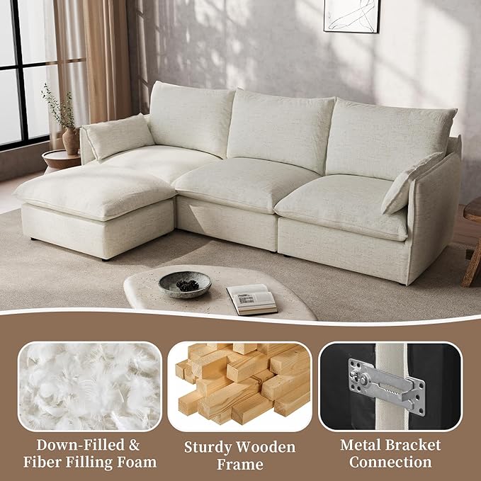 Waterproof Cloud Sectional Couches,High Backrest Down Filled Sofa for Living Room,94.5" Modular Sofas L-Shaped with Ottoman,Detachable Couch Covers,Cream White