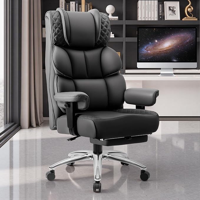 Office Desk Chair, Big and Tall Leather Gaming Chair with Footrest, Wide Ergonomic Comfy Executive High-Back Reclining Computer Chairs, Swivel Rolling Wheels and Lumbar Support, Matte Black
