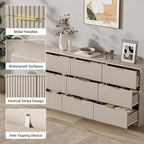 Beige Dresser for Bedroom, Modern Dresser with 9 Drawers and Smooth Slides, Wide Chest of Drawers with Golden Handles for Bedroom, Living Room, Closet, 15.7" D x 63" W x 31.5" H