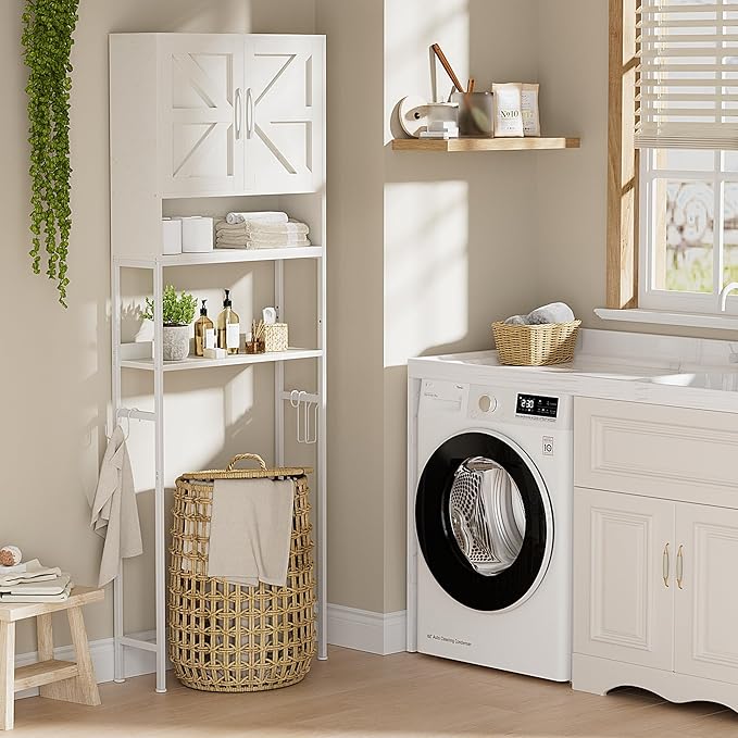 Over The Toilet Storage Cabinet - Bathroom Shelves Above Toilet Freestanding Organizer Shelf with Doors Narrow Floor Stand Rack Farmhouse Wood 71" Tall, Distressed White