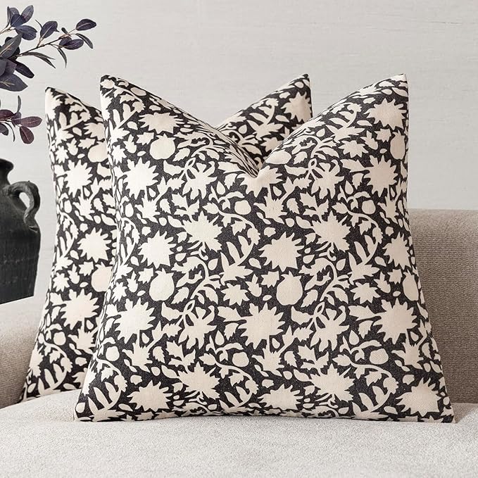 Foindtower Set of 2 Decorative Neutral Floral Throw Pillow Covers Accent Farmhouse Cushion Covers Boho Vintage Pillowcase for Couch Sofa Bedroom Living Room Home Decor24×24 Inch,Black