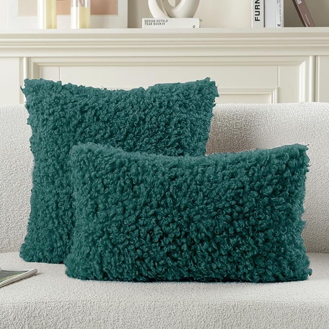 FUTEI Teal Decorative Throw Pillow Covers 12x20 Inch Set of 2,Soft Fluffy Faux Wool Fur Boucle Textured Lumbar Pillow Case,Modern Home Decor for Couch Bed Living Room Office