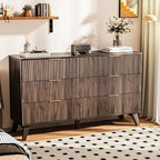 6 Drawer Dresser, 53.43 Inch Fluted Wood Double Dresser Curved Design Wide Storage Organizer Cabinet Mid Century Modern Chest Dressers for Bedroom Living Room Entryway(Walnut)