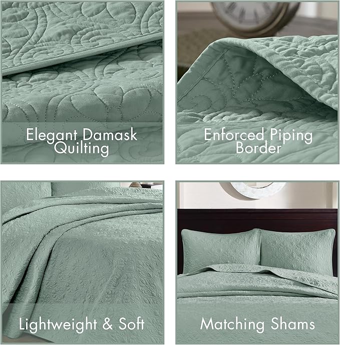 Madison Park Quebec Reversible Quilt Set Damask Design, Double Sided Stitching All Season, Lightweight Bedspread Bedding Set, Matching Sham, Seafoam, Queen(102"x118") 3 Piece