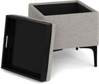 SIMPLIHOME Natasha 18 inch Wide Mid Century Square Mid Century Storage Ottoman with Tray in Cloud Grey Polyester Linen, Assembled, For the Living Room, Entryway and Family Room