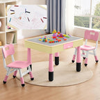 4 in 1 Kids Table and 2 Chairs Set with Storage, Toddler Table and Chair Set for Kids Ages 3-10, Graffiti & Building Blocks Double-Sided Tabletop (Pink, 2 Chairs)