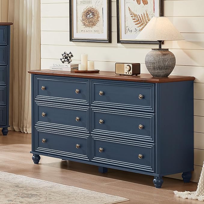 6 Drawers Dresser for Bedroom, Farmhouse 54" Wide Wood Dressers Chest of Drawers, Vintage Design TV Stand, Rustic Storage Dresser Organizer with Metal Handle Closet for Living Room, Hallway