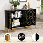 HLR Accent Cabinet with 4 Doors&Shelves, Sideboard Buffet Cabinet with Gold Trim, Modern Black Storage for Living Room, Entryway, Kitchen, Dining Room, Hallway