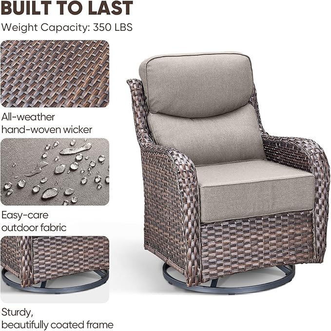 Swivel Patio Chairs Set of 3 with 6" Thick Cushion - Wicker Outdoor Swivel Rocker Patio Chairs with Side Table, High Back Comfortable Outdoor Glider Chairs - Brown Wicker | Grey Cushions