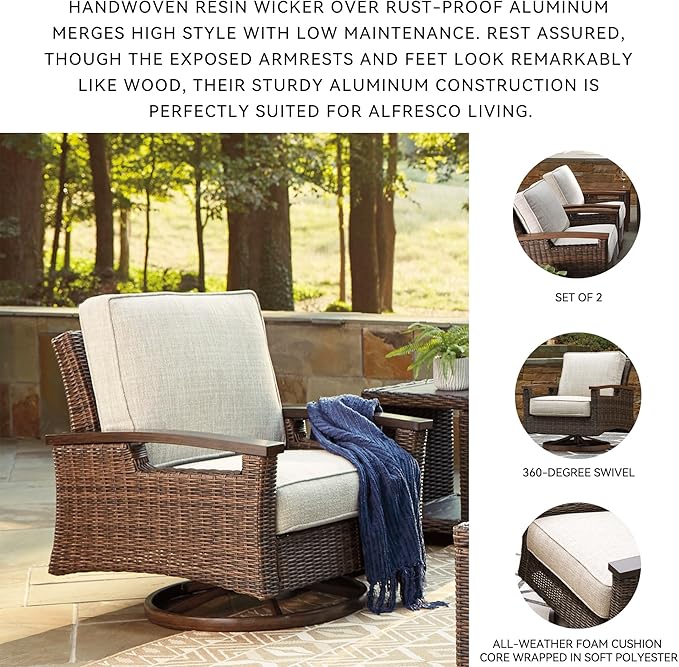 Signature Design by Ashley Paradise Trail Outdoor Swivel Upholstered Lounge Chair with All Weather Cushion, Set of 2, Cleanable Performance Fabric, Beige