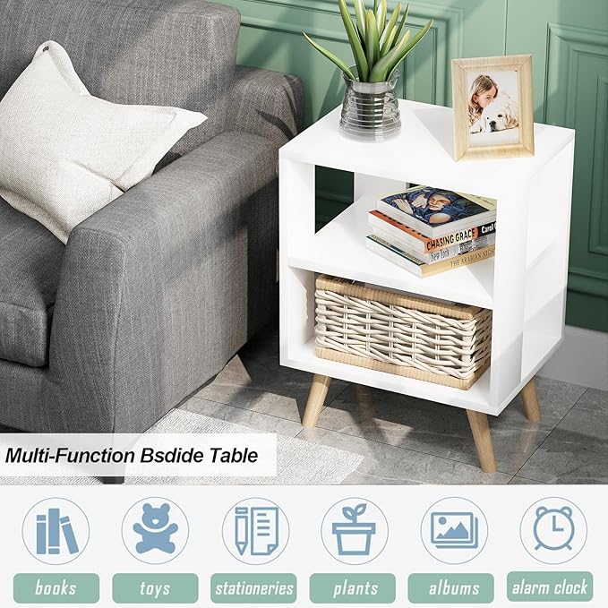 Night Stand, White Kids Nightstand, Modern End Table with Open Storage, 2-Tier Nursery Bedside Table for Small Space, Living Room, Bedroom