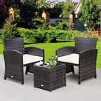 COSTWAY 3 Pieces Patio Furniture Sets, Outdoor Rattan Conversation Set with Tempered Glass Tabletop and Soft Cushion, Wicker Cushioned Chair Sofa for Backyard, Porch, Poolside, Lawn, White