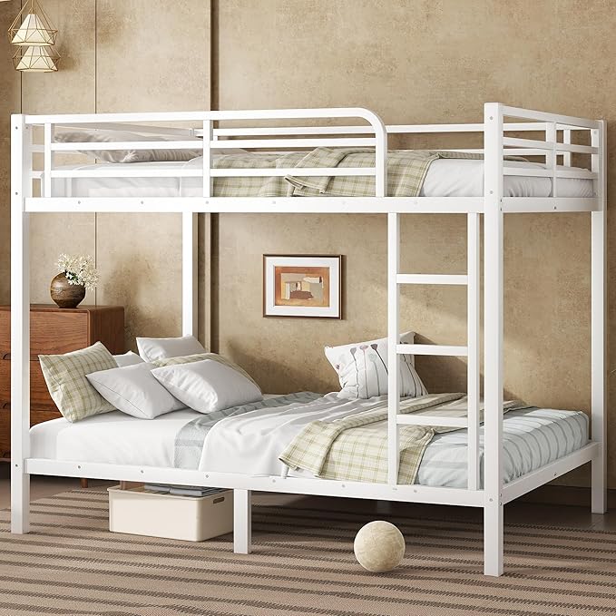 Bellemave Full Over Full Bunk Bed for Adults, Full Size Bunk Beds Frame with Build in Ladder and Full Length Guardrail, Easy Assemble Bunkbeds, Noise Reduced, Mattress Not Included, White
