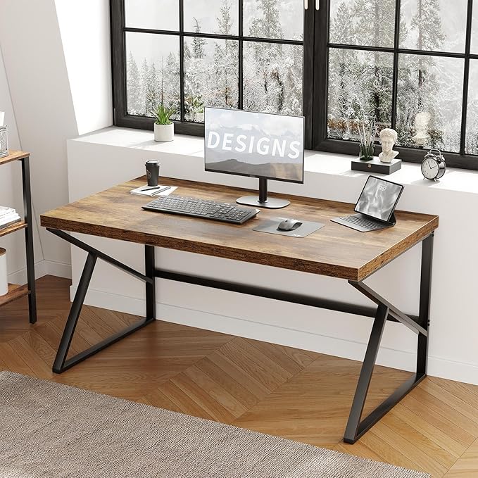 HSH Rustic Brown Desk, Industrial Home Office Computer Desk, Farmhouse Metal and Wood Computer Table, Simple Bedroom Laptop PC Desk for Student Writing Study Gaming Executive Workstation, 55 in