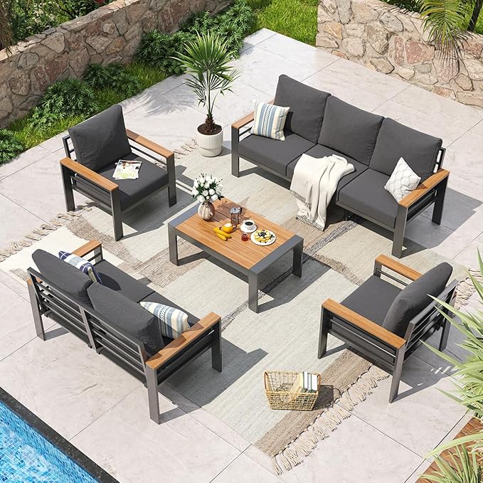 Aoxun Aluminum Patio Furniture Set 7 Seats, Oversized Outdoor Sectional with Washable Thick Cushions, Coffee Table and Waterproof Cover, Patio Conversation Sets for Porch, Balcony, Deck