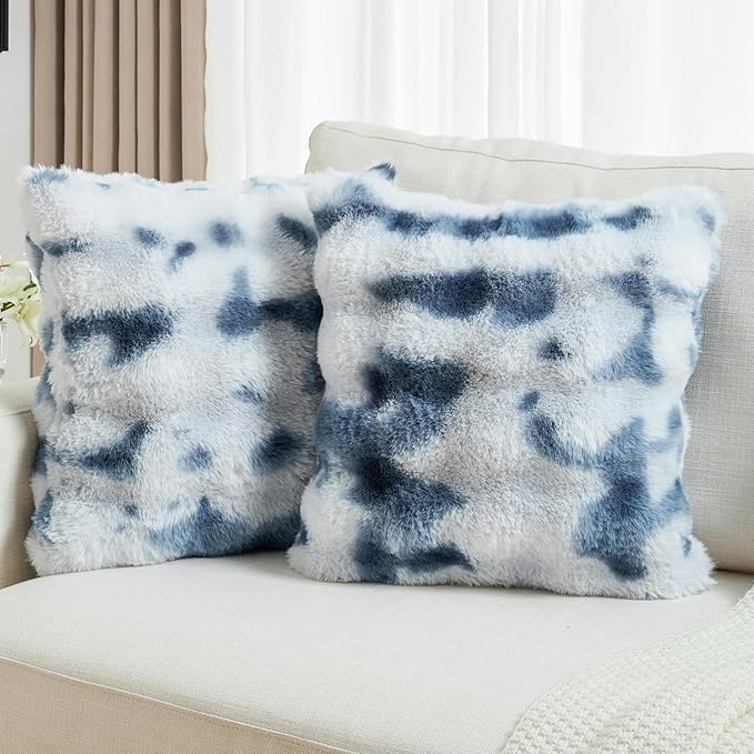 FUTEI Blue White Decorative Throw Pillow Covers 20x20 Inch Set of 2,Soft Fuzzy Faux Rabbit Fur Cushion Covers with Raised Texture,Neutral Boho Home Decor for Couch Bed Living Room