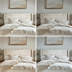 Madison Park Amelia Upholstered Headboard | Nail Head Trim Wingback Button Tufted | King, Cream