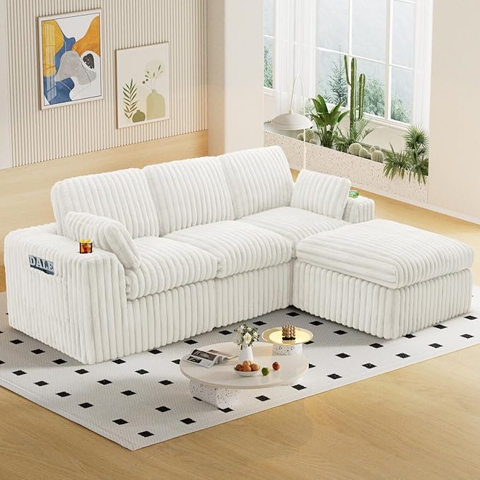 114" Cloud Boneless Sectional Couches for Living Room, Modular Sectional Sofa with Cup Holder, Cozy Fluffy L Shaped Deep Seat Boneless Couch with Storage Pocket, No Assembly Required, White