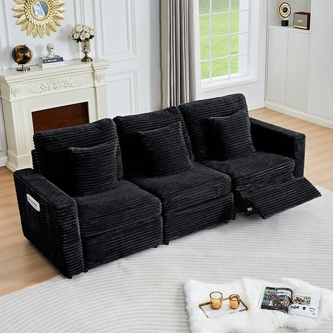ORRD Power Reclining Sectional Sofa, Electric 3 Seat Recliner with 1 Electric Footrest and Adjustable Headrest, Modern Plush Corduroy Fluffy Reclining Sectional with Deep Seat for Living Room-Black