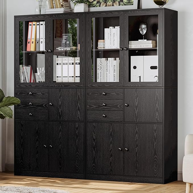 IRONCK Bookcase with Doors, Bookcases and Bookshelves with Drawers, 5 Tier Book Shelf with Acrylic Doors, Display Shelf for Living Room, Home Office, Study, Black