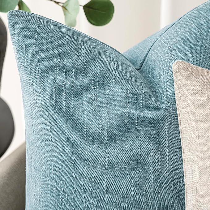Foindtower Pack of 2 Textured Chenille Throw Decorative Pillow Covers Square Accent Solid Cushion Cover Neutral Farmhouse Pillow Case for Couch Sofa Bedroom Living Room 26x26 Inch,Light Blue