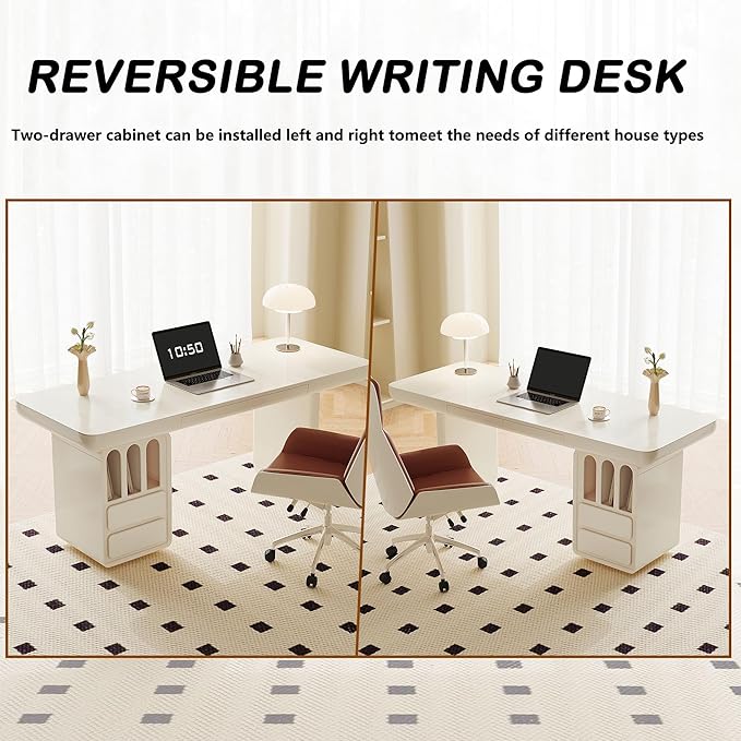 63 Inch White Writing Desk with Storage, Modern Computer Desk with 4 Drawers for Study, Wooden Executive Desk for Home Office