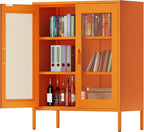 Orange Metal Storage Cabinet with Mesh Doors, Small Office Cabinet with 2 Adjustable Shelves, Accent Metal Locker Storage Cabinet for Home, Office, Living Room, Hallway