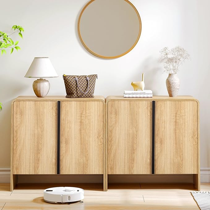 BERRYMERRY 2 Door Fluted Sideboard Buffet Cabinet with Storage, Modern Wood Cabinet with Adjustable Shelves for Living Room, Dining Room (Light Wood 2 Doors)