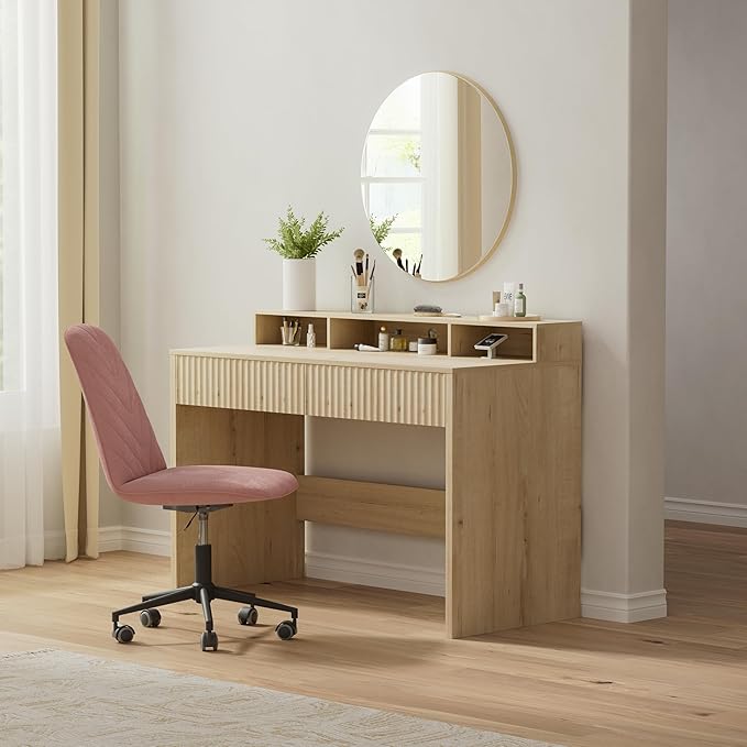 Fluted Executive Desk with Storage Shelf, 47" Modern Wood Home Office Desk with Long Monitor Stand & 2 Drawers, Writing Study Computer Table Vanity Desks, Light Oak