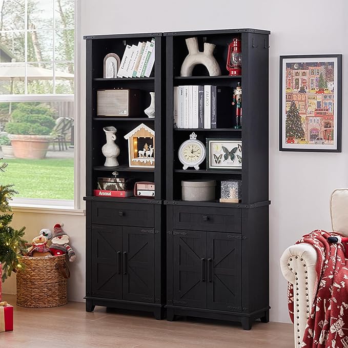 72in Tall Bookshelf 7 Tier Bookcase with Drawer and Barn Doors and Adjustable Shelves, Black Farmhouse Book Shelf with Storage Cabinet, Wood Freestanding Display Bookshelves for Living Room