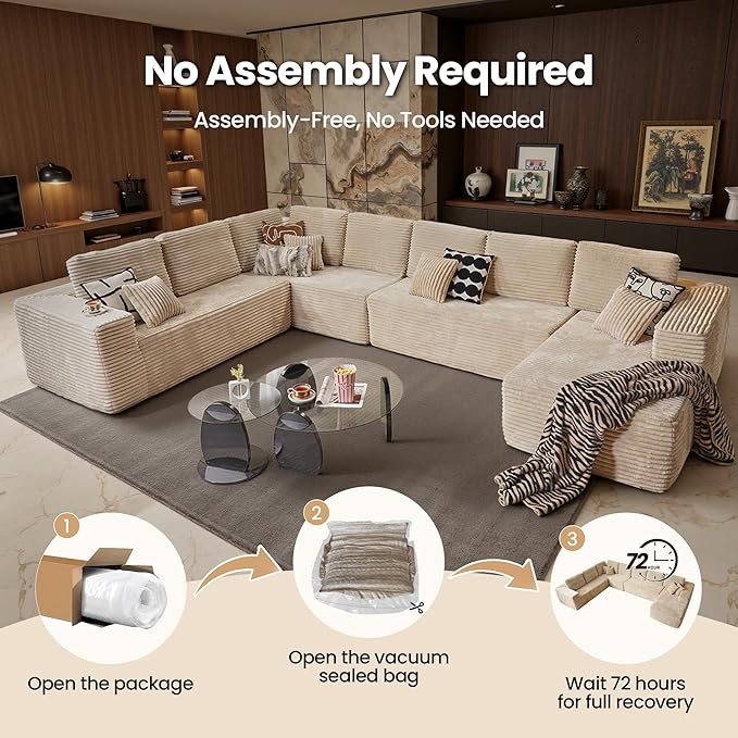 Cloud Sectional Couch with Chaise, Boneless U-Shaped Cloud Couch with Deep Seat, Soft Plush Modern Minimalist Sofa, Assembly Free Modular Floor Sofa for Office Living Room Apartment, Beige