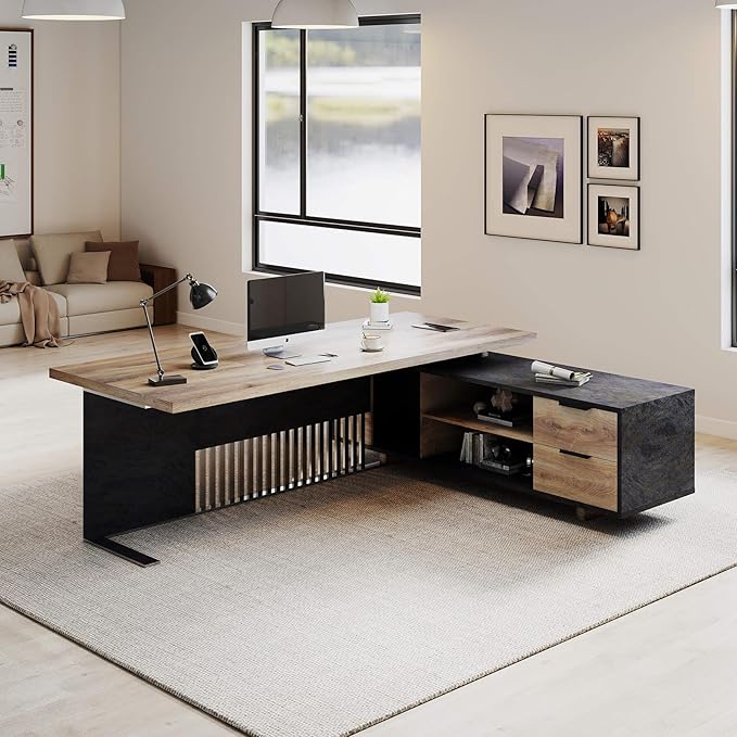 70.86 inch Inch Large Executive Desk with Drawers Cabinet, L Shaped Office Desk, Computer Desk with Universal Charging Ports and Cable Management for Business Furniture Set Workstation for Home Office