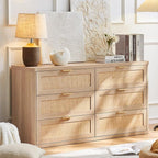 LEYAOYAO Rattan 6 Drawer Dresser for Bedroom Set of 2, Boho 54" Wide Natural Wood Dresser Chest of Drawers, Dressers TV Stand with Metal Handle, Storage Dressers Closet Organizer for Living Room