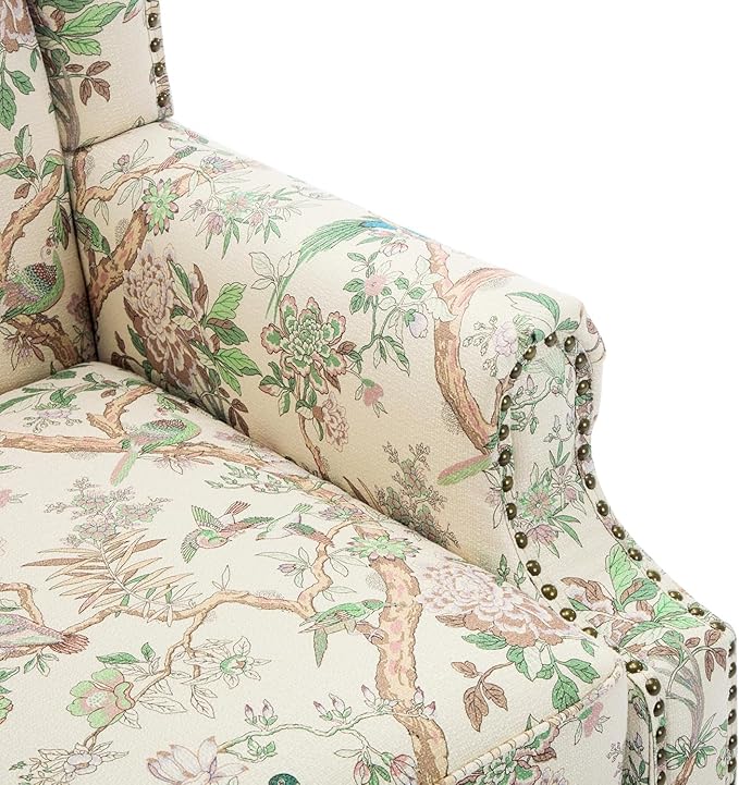 UIXE High Back Floral Accent Chair, Fabric Upholstered Armchair Wingback Arm Club Chair for Living Room, Nailhead Trim Single Sofa Bedroom Side Reading Seat with Solid Wood Legs - Bird Pattern
