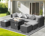 NICESOUL 9 Piece Outdoor Patio Sofa Set with Fireplace Natural Gas/Propane, 29.3'' High Back Comfy Sectional, Oversized Deep Seating Wicker Conversation, XL Big Outside Furniture for Backyard, Gray