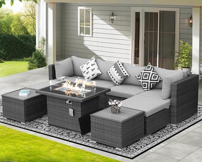 NICESOUL 9 Piece Outdoor Patio Sofa Set with Fireplace Natural Gas/Propane, 29.3'' High Back Comfy Sectional, Oversized Deep Seating Wicker Conversation, XL Big Outside Furniture for Backyard, Gray