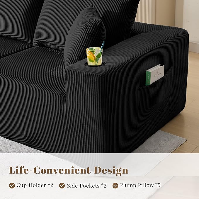 107" Cloud Sectional Couch, Modular Sectional Sofa with L-Shape Chaise, Corduroy Boneless Couch with Deep Seat, Upholstered Sofa for Living Room, No Assembly Required(Left-Facing Chaise, Black)