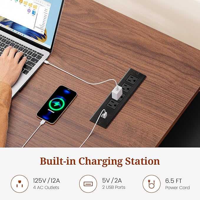 L Shaped Desk, 55" Reversible Office Desk with File Drawers & Storage Shelves, Modern Executive Desk with Power Outlets, Pegboard, 6 Hooks, Rotating Corner Computer Desk for Home Office, Walnut