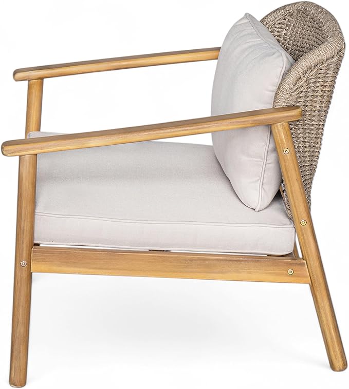 Christopher Knight Home Octavia Outdoor Club Chairs Set of 2, Acacia Wood Accent Chair with Cushion, Woven Rope Backrest Armchair, Solid Wood Frame Chair, Patio Chair for Porch Backyard, Beige+Teak