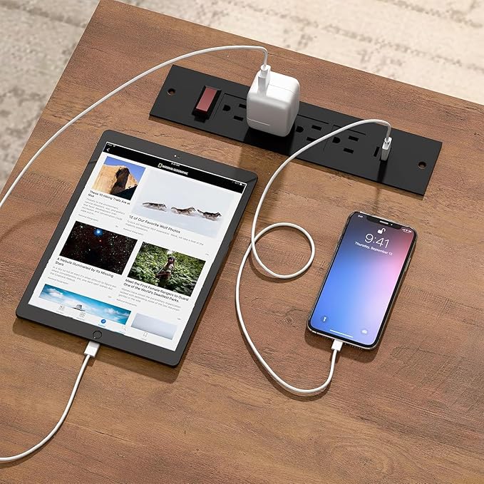 Farmhouse 61'' Executive Desk with 5 Drawers, Rustic Office Desk Computer Table with Charging Station, File Drawers and Storage Cabinet, Wood Workstation for Study and Home Office,(Unique White)